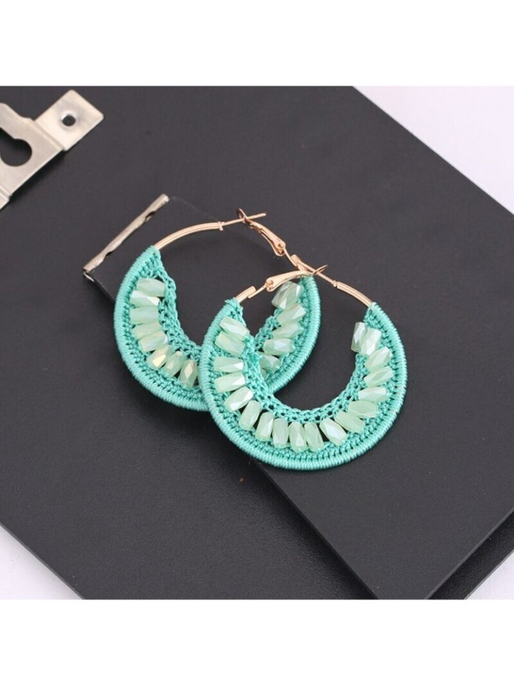 Round Turquoise Beaded Crystal Boho Chic Hoop Earrings - Picture 2 of 4